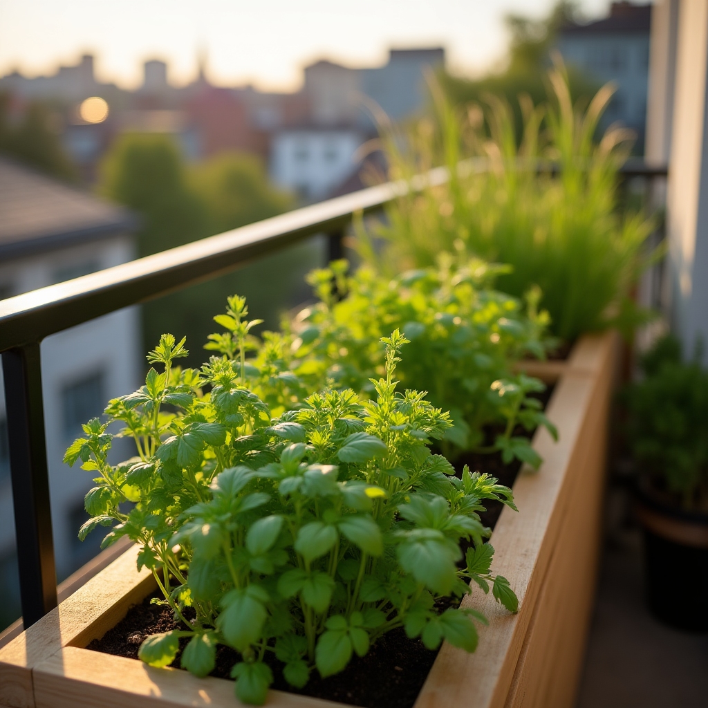 Hochbeet auf einem Stadtbalkon mit frischen Kräutern und Gemüse